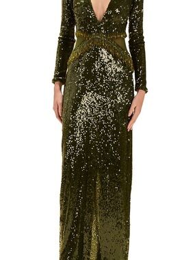 PatBO Olive Sequin Long-Sleeve Fringe Gown